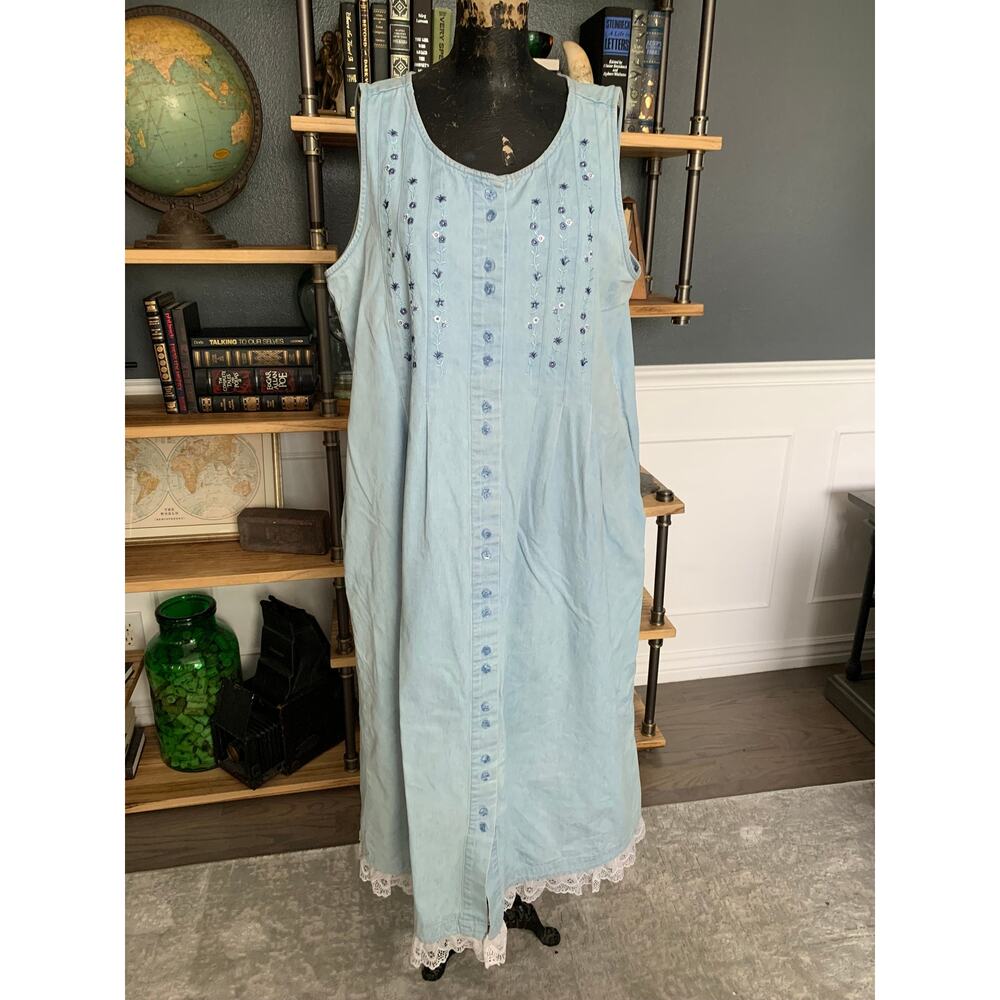 Denim Long Pocket Dress, Northern Treasures, Size XL, 50", Little Flowers, Front